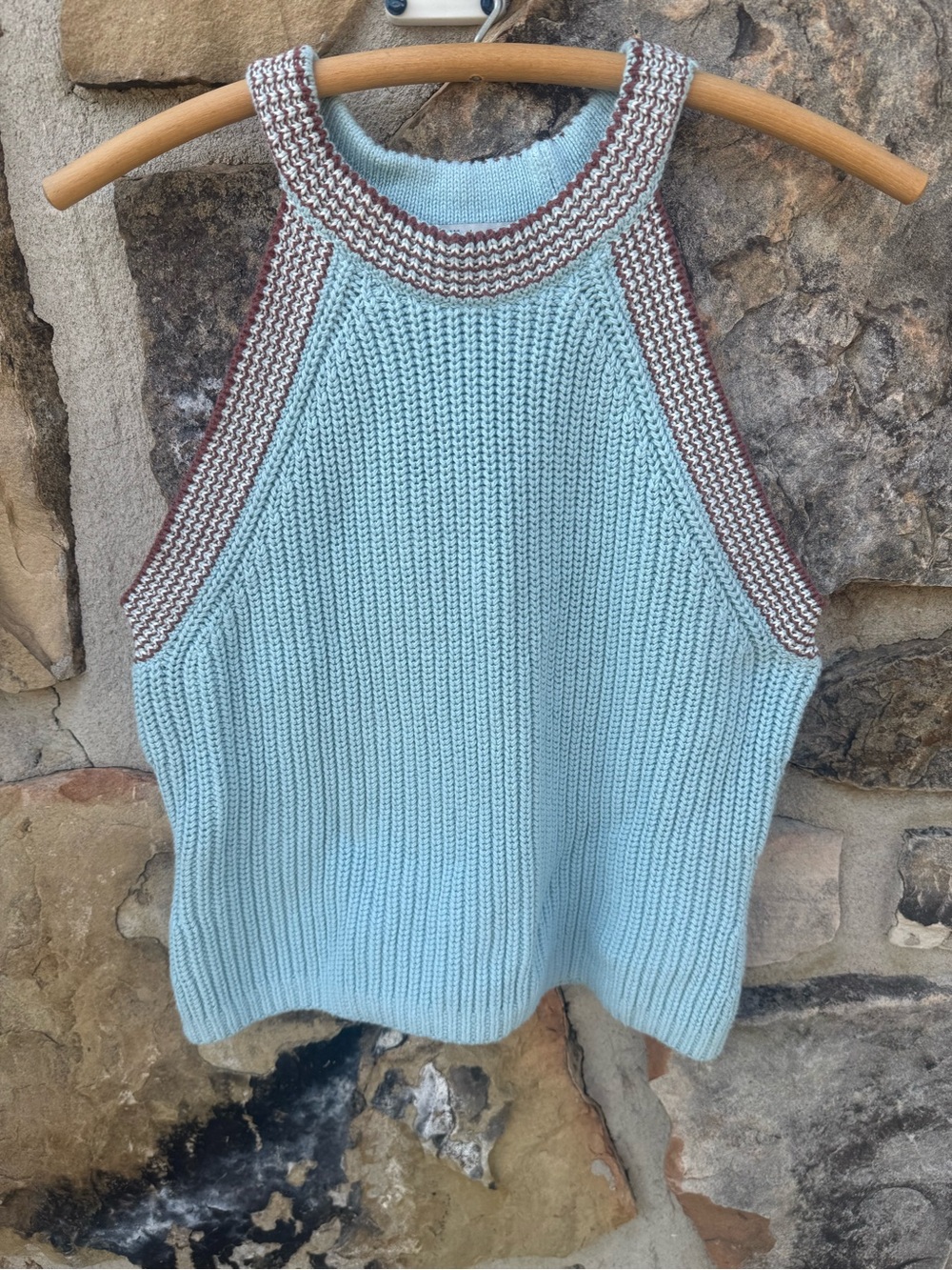 Madewell Imelda Cutaway Tank 100% Cotton Heron Blue Halter with Brown Trim Med
